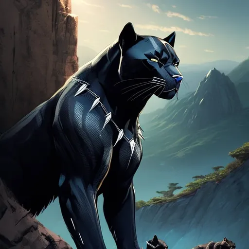 Prompt: Gangster black panther, standing on mountain, digital illustration, detailed fur and sleek design, intense and focused gaze, top of mountain setting, dramatic lighting, high res, ultra-detailed, digital illustration, gangster, sleek design, detailed fur, intense gaze, urban city, dramatic lighting.
