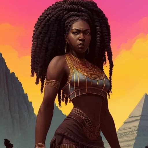 Prompt: beautiful detailed dark skin, thick black women, long braided hair, bending over stance, full body, digital illustration, detailed and sleek design, full body picture, standing on, top of mountain setting, dramatic lighting, high res, ultra-detailed, digital illustration, sleek design, highly detailed, intense, ancient Egypt setting, dramatic lighting, full body, high resolution, bright colors,

