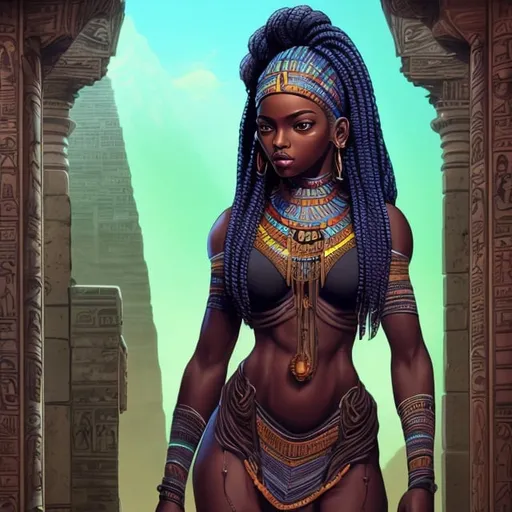 Prompt: beautiful, detailed dark skin, thick black woman, long braided hair, looking backwards, full body, digital illustration, detailed and sleek design, full body picture, standing on, top of mountain setting, dramatic lighting, high res, ultra-detailed, realistic illustration, sleek design, highly detailed, intense, ancient Egypt setting, dramatic lighting, full body, high resolution, vibrant colors, has super powers,.

