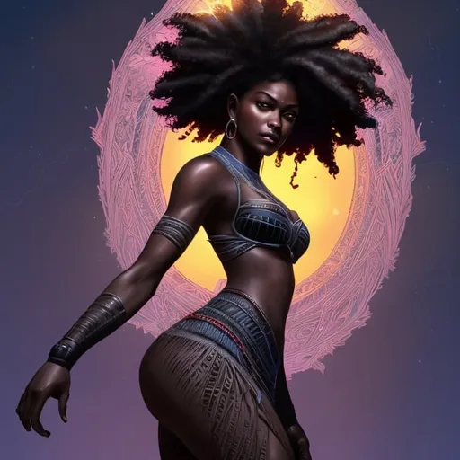 Prompt: beautiful, detailed dark skin, thick black woman, long braided hair, looking backwards, full body, digital illustration, detailed and sleek design, full body picture, standing on, top of mountain setting, dramatic lighting, high res, ultra-detailed, realistic illustration, sleek design, highly detailed, intense, ancient Egypt setting, dramatic lighting, full body, high resolution, vibrant colors, has super powers,.

