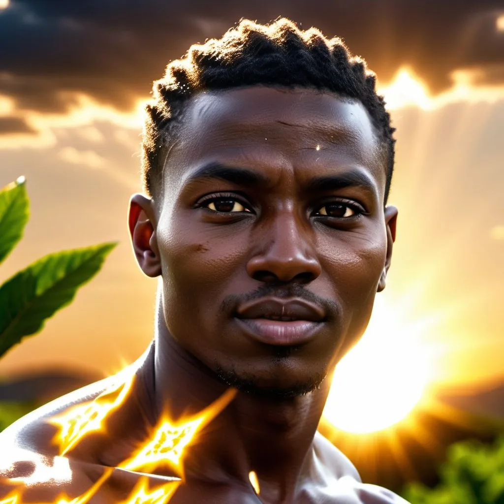 Prompt: hyper realistic nature, glowing skin, black God, high-res, ultra-detailed, dramatic lighting, sun in background, 
