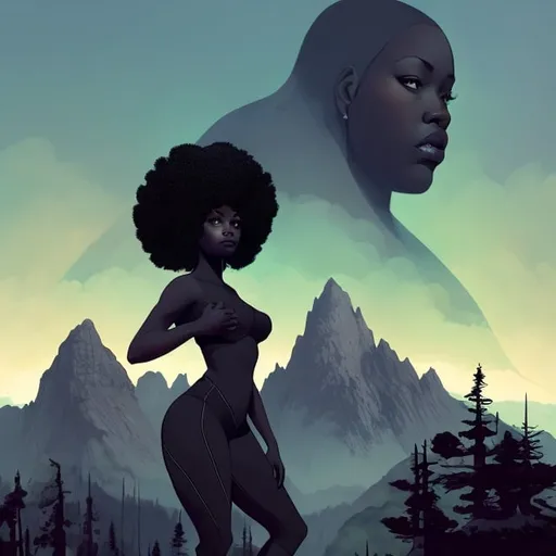 Prompt: beautiful, dark skinned, thick black women, afro, standing on mountain, full body, digital illustration, detailed and sleek design, full body picture, standing on, top of mountain setting, dramatic lighting, high res, ultra-detailed, digital illustration, sleek design, highly detailed, intense gaze, mountain top setting, dramatic lighting, full body, high resolution, 

