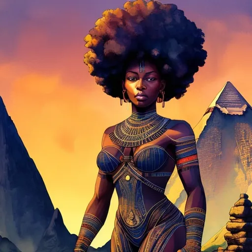 Prompt: beautiful, detailed dark skinned, thick black women, afro, standing on mountain, full body, digital illustration, detailed and sleek design, full body picture, standing on, top of mountain setting, dramatic lighting, high res, ultra-detailed, digital illustration, sleek design, highly detailed, intense gaze, ancient Egypt setting, dramatic lighting, full body, high resolution, water colors,

