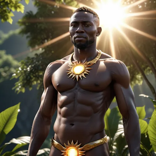 Prompt: black God, hyper realistic, 3d, nature, glowing skin, full body, high-res, ultra-detailed, dramatic lighting, sun in background, 
