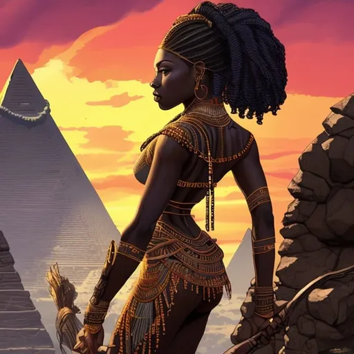 Prompt: beautiful, detailed dark skin, thick black women, long braided hair, looking backwards, full body, digital illustration, detailed and sleek design, full body picture, standing on, top of mountain setting, dramatic lighting, high res, ultra-detailed, realistic illustration, sleek design, highly detailed, intense, ancient Egypt setting, dramatic lighting, full body, high resolution, vibrant colors,

