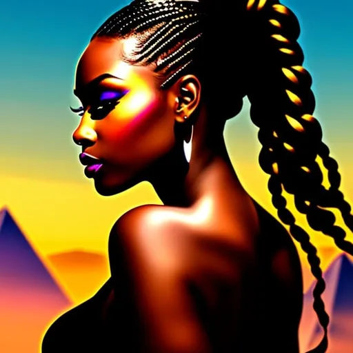 Prompt: logo style, beautiful, detailed dark skin, thong, thick curvy, black woman, long braids, looking backwards, full body, digital illustration, detailed and sleek design, full body picture, top of mountain setting, dramatic lighting, high res, ultra-detailed, realistic illustration, sleek design, highly detailed, intense, ancient Egypt setting, dramatic lighting, full body, high res, vibrant, colorful,  

