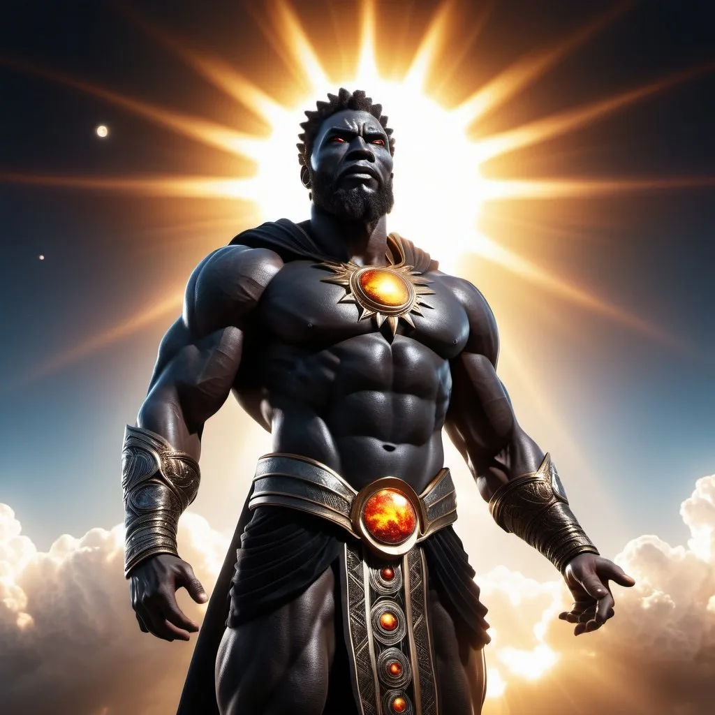 Prompt: black God of universe, hyper realistic, nature, full body, high-res, ultra-detailed, dramatic lighting, sun in background, 
