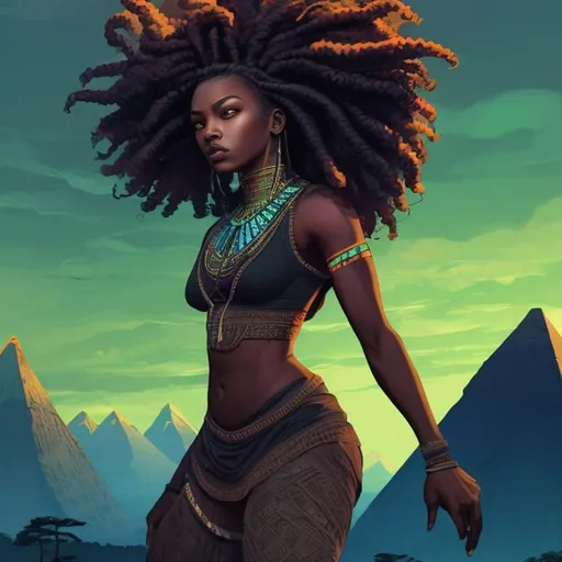 Prompt: beautiful detailed dark skin, thick black women, long braided hair, bending over stance, full body, digital illustration, detailed and sleek design, full body picture, standing on, top of mountain setting, dramatic lighting, high res, ultra-detailed, digital illustration, sleek design, highly detailed, intense gaze, ancient Egypt setting, dramatic lighting, full body, high resolution, bright colors,

