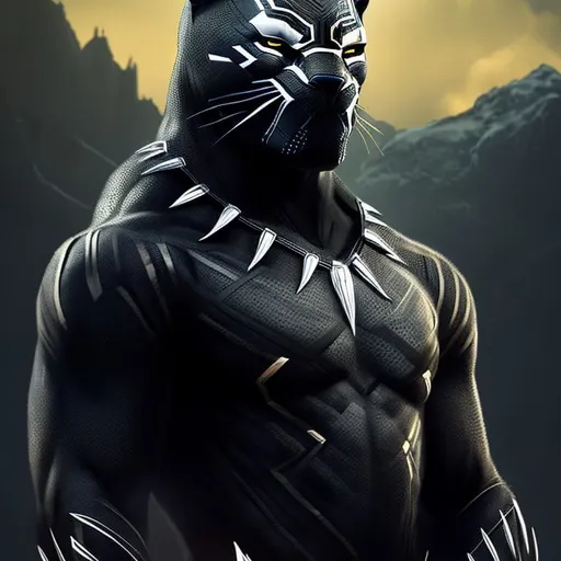 Prompt: Gangster black panther, standing on mountain, digital illustration, detailed fur and sleek design, intense and focused gaze, top of mountain setting, dramatic lighting, high res, ultra-detailed, digital illustration, gangster, sleek design, detailed fur, intense gaze, urban city, dramatic lighting.
