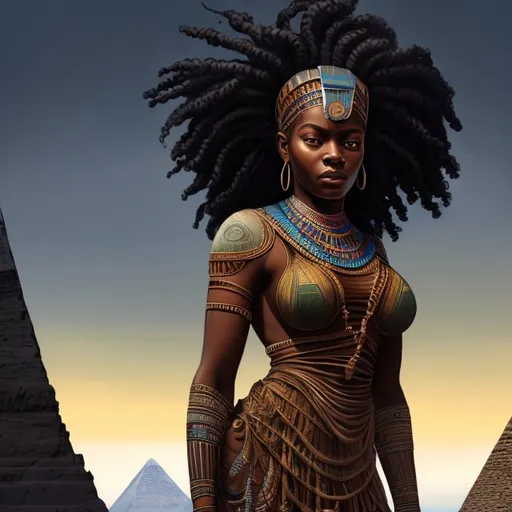 Prompt: beautiful detailed dark skin, thick black women, long braided hair, facing backwards, full body, digital illustration, detailed and sleek design, full body picture, standing on, top of mountain setting, dramatic lighting, high res, ultra-detailed, realistic illustration, sleek design, highly detailed, intense, ancient Egypt setting, dramatic lighting, full body, high resolution, vibrant colors,


