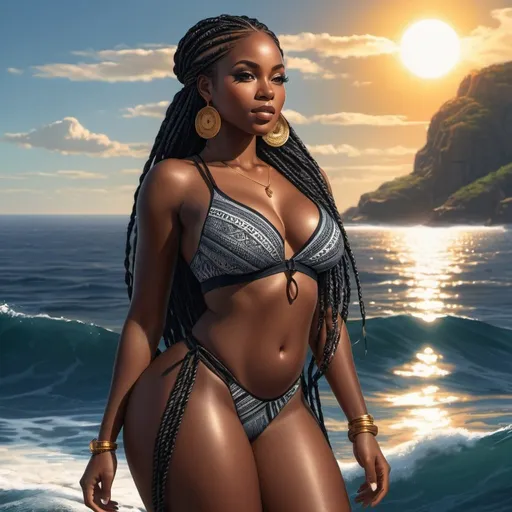 Prompt: 
 beautiful, dark skin, thong, thick, curvy, black woman, long braids, digital illustration, detailed and sleek design, full body, ocean setting, dramatic lighting, high-res, ultra-detailed, intense gaze, Africa setting, dramatic lighting, full body illustration, sun in background, detailed illustration.
 