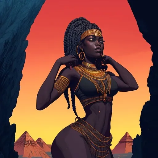 Prompt: beautiful detailed dark skin, thick black women, long braided hair, bending over mountain, full body, digital illustration, detailed and sleek design, full body picture, standing on, top of mountain setting, dramatic lighting, high res, ultra-detailed, digital illustration, sleek design, highly detailed, intense gaze, ancient Egypt setting, dramatic lighting, full body, high resolution, bright colors,

