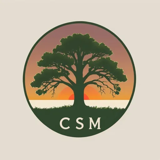 Prompt: a simple logo with a southern tree with moss at sunset with basic colors and "CSM" written in the logo
