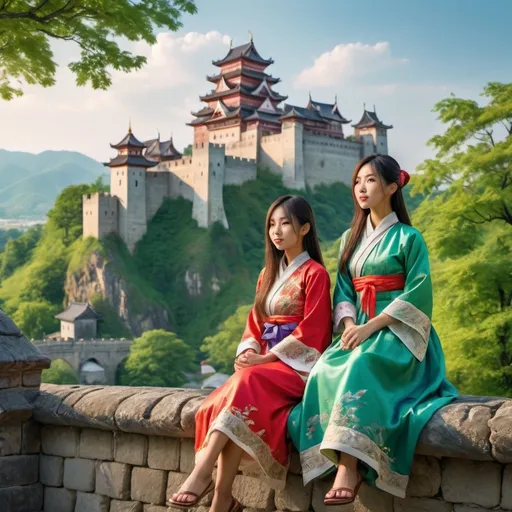 Prompt: hot asian girls sitting on castle wall