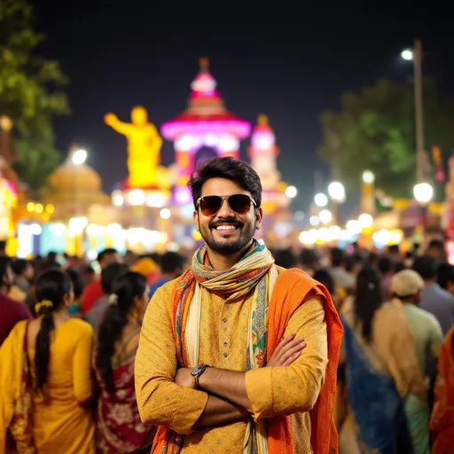 Prompt: Amidst a lively gathering, a young man stands confidently, arms crossed, flashing a broad smile that radiates joy. He wears stylish sunglasses and a vibrant, patterned kurta, complemented by a multi-colored scarf draped casually around his neck. The backdrop is alive with color and excitement, showcasing festive decorations and illuminated structures, suggesting a joyous celebration, possibly a cultural or religious festival. The crowd around him, dressed in a variety of traditional attire, adds to the festive atmosphere, while the evening sky sets a warm tone, illuminated by bright lights. This scene captures a moment of togetherness and celebration, where community spirit thrives amid the festive chaos.
