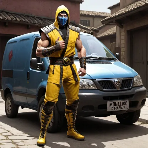 Prompt: scropion from mortal combat delivery courier driver with car