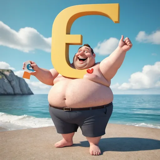 Prompt: Create for me a picture of a fat and happy man holding the letter E in 3D by the sea