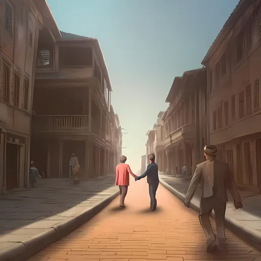 Prompt: create a one point perspective of a old city going from past to future and there are two people one present and one future shaking hands
