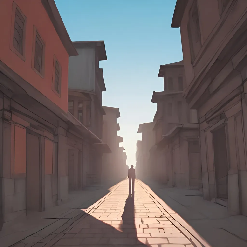 Prompt: create a one point perspective of a old city going from past to future and there are two people one present and one future shaking hands