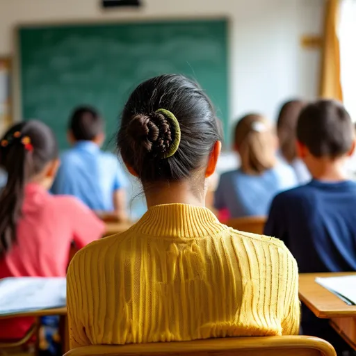 Prompt: adult teacher teaching in the classroom with students in the background  while showing their back 