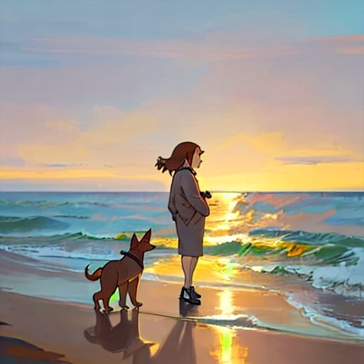 Prompt: A woman watching the sea, with 1 brown normal size dog in her left and 1 light brown small dog in her right. must be animated