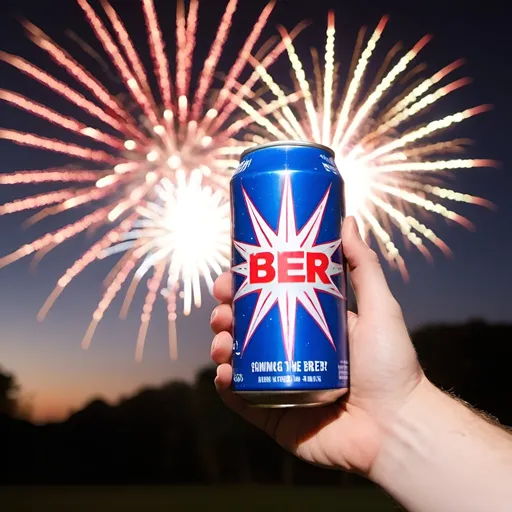 Prompt: Person drinking a blank 16 oz beer can with fireworks in the background