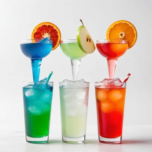 Prompt: create 4 glasses of italian soda on a white background: 1 orange, 1 blue, 1 green apple and 1 red