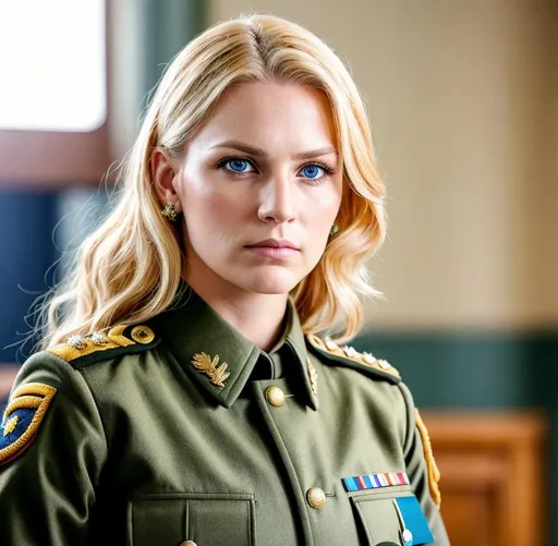 Prompt: 35-year-old female army colonel in dress greens uniform, blonde hair, piercing blue eyes, photo-realistic, intense stare, regal posture, good lighting, military setting, high quality, realistic, detailed facial features, professional, commanding presence