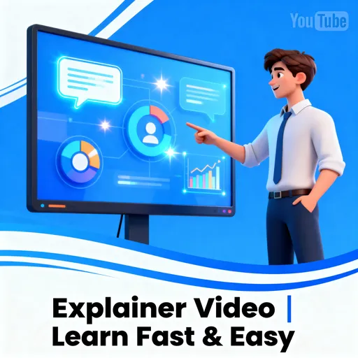 Prompt: A modern 3D-style YouTube thumbnail showing a man pointing towards a large screen with animated icons, charts, and text bubbles. The background is bright blue and white with motion lines. The text on the thumbnail says: “Explainer Video | Learn Fast & Easy” in bold, clean font. The design looks professional, educational, and eye-catching with glowing highlights and clean layout.


