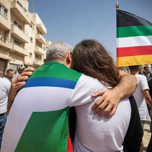 Prompt: Israeli People and Palestinian People hugging, holding a combined flag of Israel and Palestina with symbols of rainbow, dove and olive branch