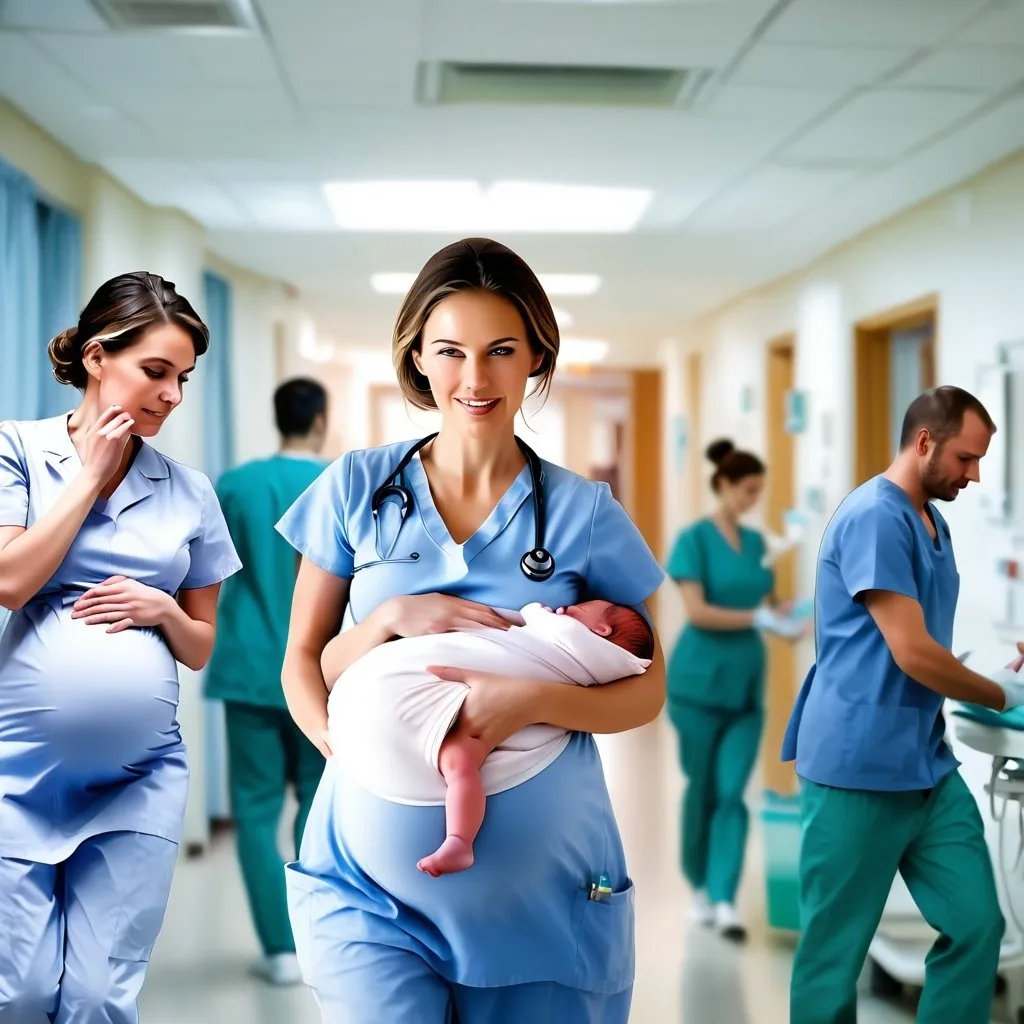 Prompt: edit
a digital picture format a nurse in a hospital in a doctor uniform performing operation on a pregnant woman with nurse around carrying her baby  with her husband running toward her 