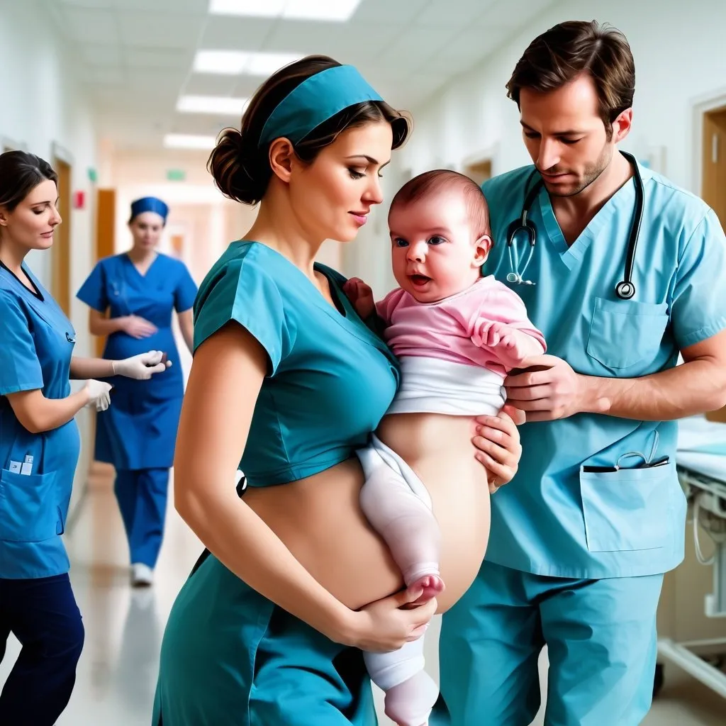 Prompt: edit
a digital picture format a nurse in a hospital in a doctor uniform performing operation on a pregnant woman with nurse around carrying her baby  with her husband running toward her 