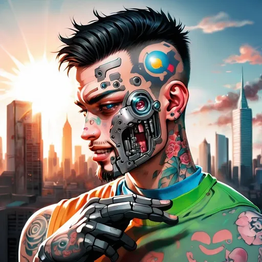 Prompt: A man with a one side of is face is like a robot face with tattoos on his hand with gum on both hand in front of a city, looking unto the direction of the sun 