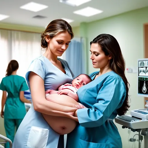 Prompt: edit
a digital picture format a nurse in a hospital in a doctor uniform performing operation on a pregnant woman with nurse around carrying her baby