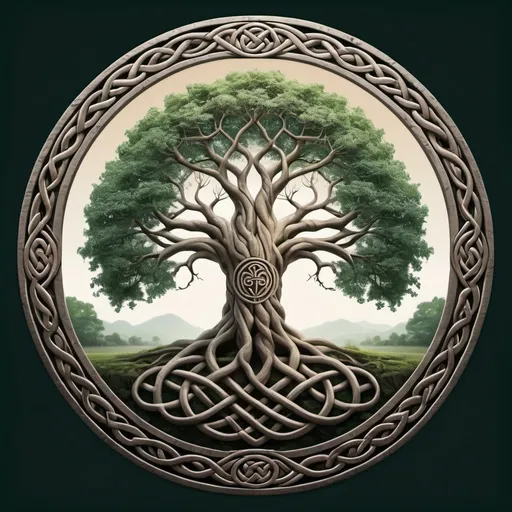 Prompt: A mystical mother tree with a similar root system to  the structure of its branches makes up a circular logo make the image as zen as possible in a Celtic style with a thin circular frame and no symbols on the truck 