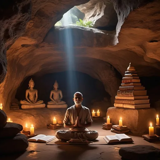 Prompt: An ascetic meditating in a serene cave surrounded by ancient texts and symbols. The air is filled with a mystical glow, and the words 'नायमात्मा प्रवचनेन लभ्यो...' form softly around them, emphasizing the spiritual journey beyond mere learning.