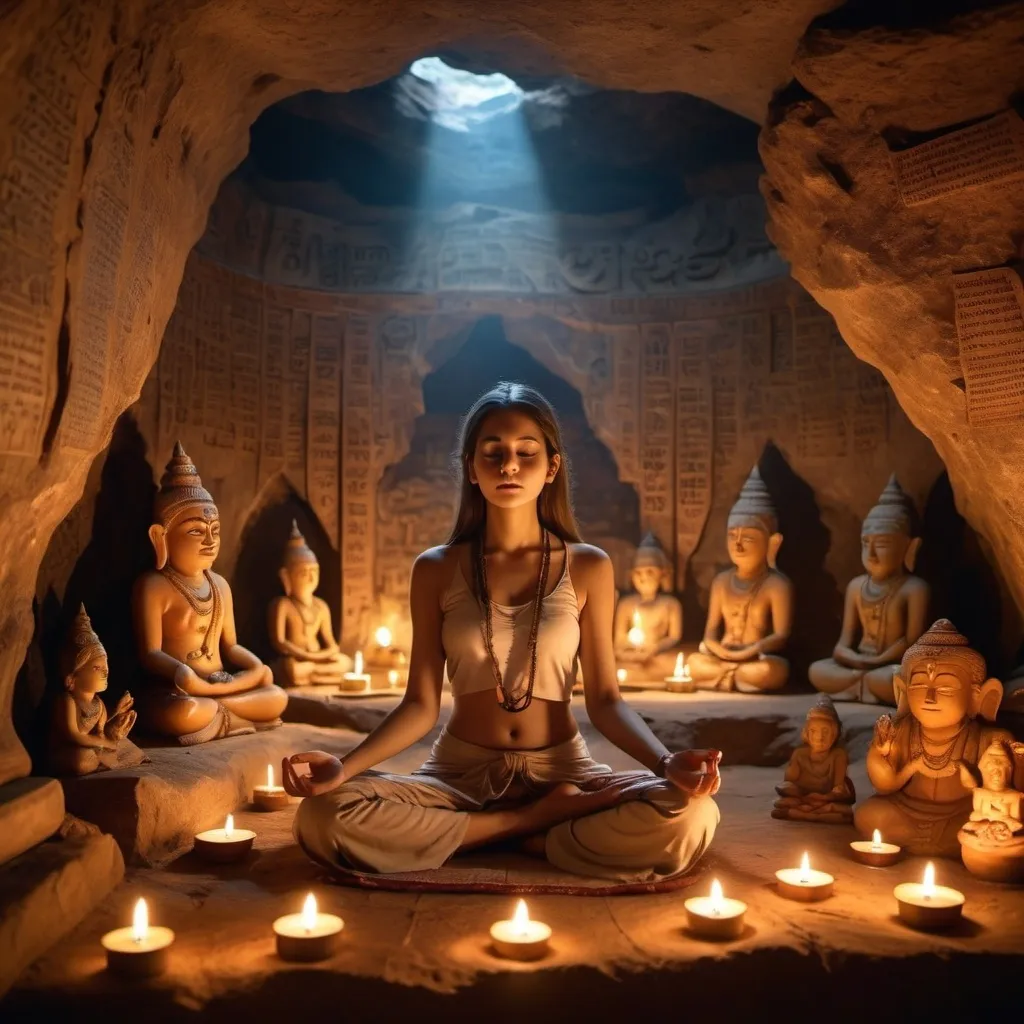 Prompt: An ascetic little worrier girl  meditating in a serene cave surrounded by ancient texts and symbols. The air is filled with a mystical glow, and the hindi words "OM" form softly around them, emphasizing the spiritual journey beyond mere learning.