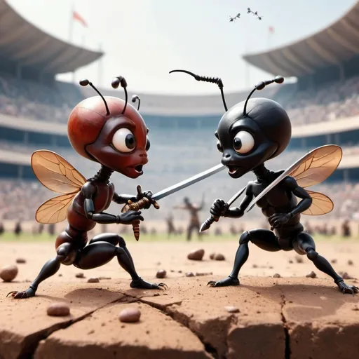 Prompt: 2 ants with cute children faces fighting in a war with swords, background war scene, Indian king sitting in background watching, big war stadium