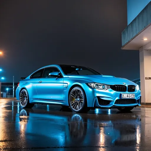 Prompt: Bmw m4 competition with neon blue light on parking on top of building at the night time with rain falling down

