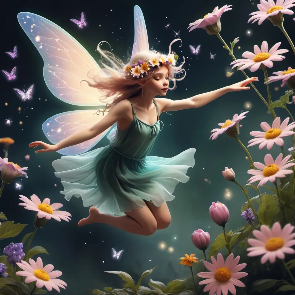 Prompt: fairy flying, flowers,