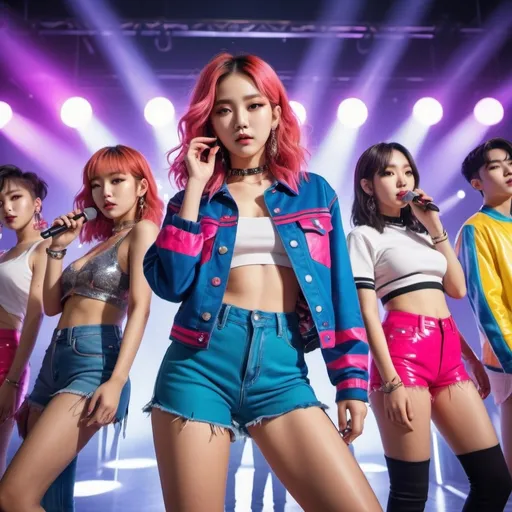 Prompt: (vibrant K-pop concept), dynamic scene, energetic poses, colorful outfits, youthful expressions, modern fashion, (high energy), lively atmosphere, musical elements like microphones and instruments, (ultra-detailed), backstage setting with bright lights, captivating stage design, (HD), urban pop culture influence.