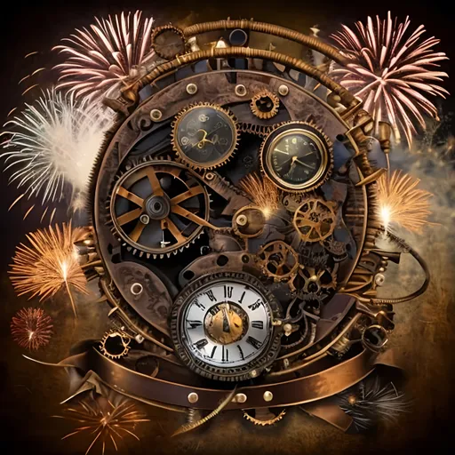 Prompt: A 1:1 steampunk design with fireworks, to celebrate the new year.