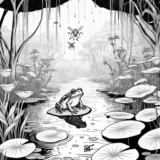 Prompt: B&W coloring book page, a frog on a lilly pad in a rain forest with willow trees all over and fire flies chasing fairies, line art, solid white back ground.
