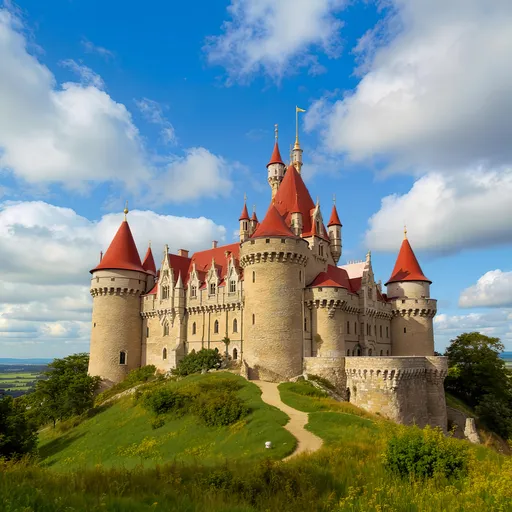 Prompt: A castle with stone walls and red roofs sitting on a top of a hill with a path leading to the front door of the castle. Beautiful blue skies with clouds. 