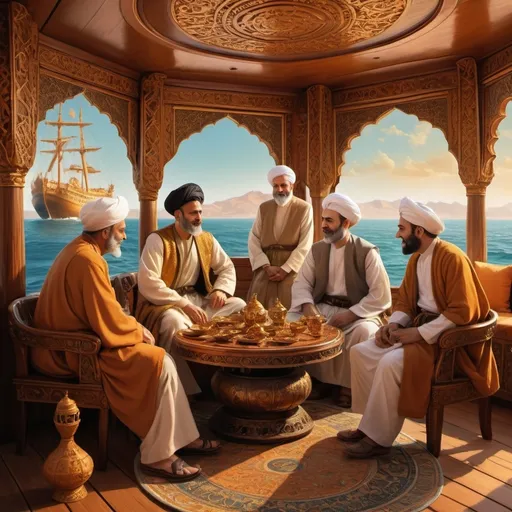 Prompt: (fantasy scene), five rich men in traditional 7th-century Iranian attire, intricate (golden accessories), engaged in lively conversation, warm color scheme with vibrant shades of amber and terracotta, sunlit ship deck, elaborate wooden details, oceanic background with soft waves, (highly detailed), evoking a regal and sophisticated atmosphere.