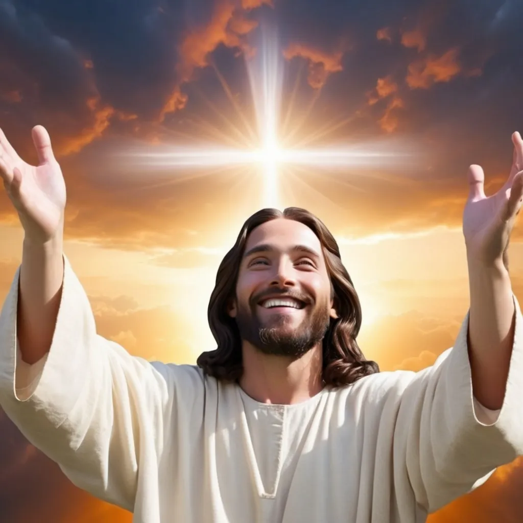 Prompt: Generate an image of Jesus in the sky smiling with open hands