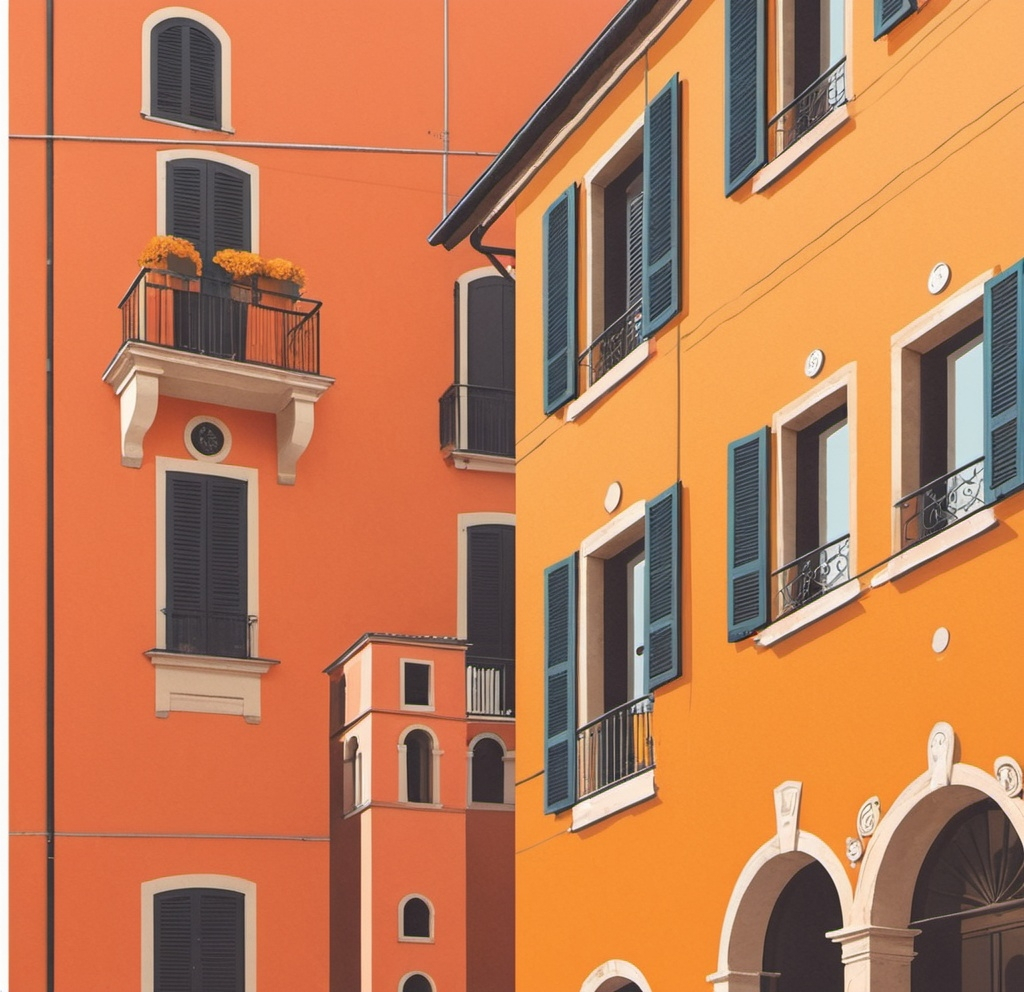 Prompt: Flat illustration of italian architecture buildings, simple shapes, colour palette of orange and yellow