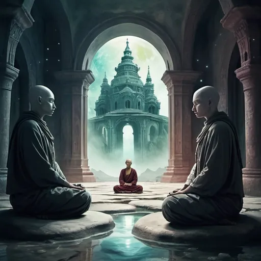 Prompt: meditation in a mystic monastry on an extraterrestrial planet in water-colors, digital art