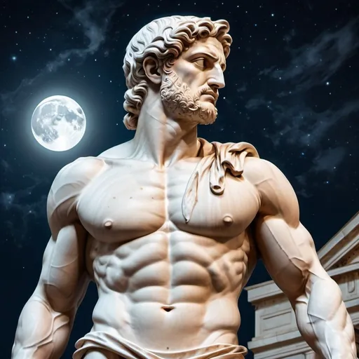 Prompt: Ancient Greek sculpture, muscled physique, stoic expression, marble texture, glowing moon, starry night background, high quality, detailed, classical art style, moonlit, dramatic lighting