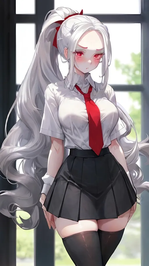 Prompt: Long silvery, whiteish hair put into a ponytail, that runs along her back. Has a few bangs that cover her forehead. Has big scarlet eyes. Has long eyelashes and medium sized eyebrows. Has pale skin with a natural blush on her cheekbones. Is short and petite but has a perfect figure. Wears school clothes that hugs her body revealing her curves. Wears tight white school shirt with a red tie with a black skirt with black mid thighs stockings.